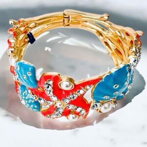 NWT Piper Gorgeous Gold Coral Blue Crystal Pearls Cuff Hinged Starfish Bracelet